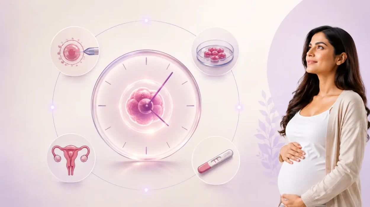 IVF treatment timeline showing embryo development, embryo transfer and pregnancy testing with a pregnant woman