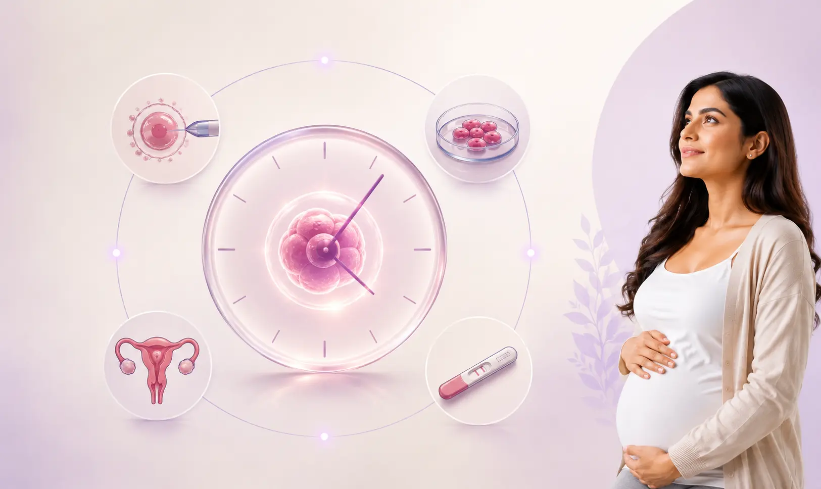 IVF treatment timeline showing embryo development, embryo transfer and pregnancy testing with a pregnant woman