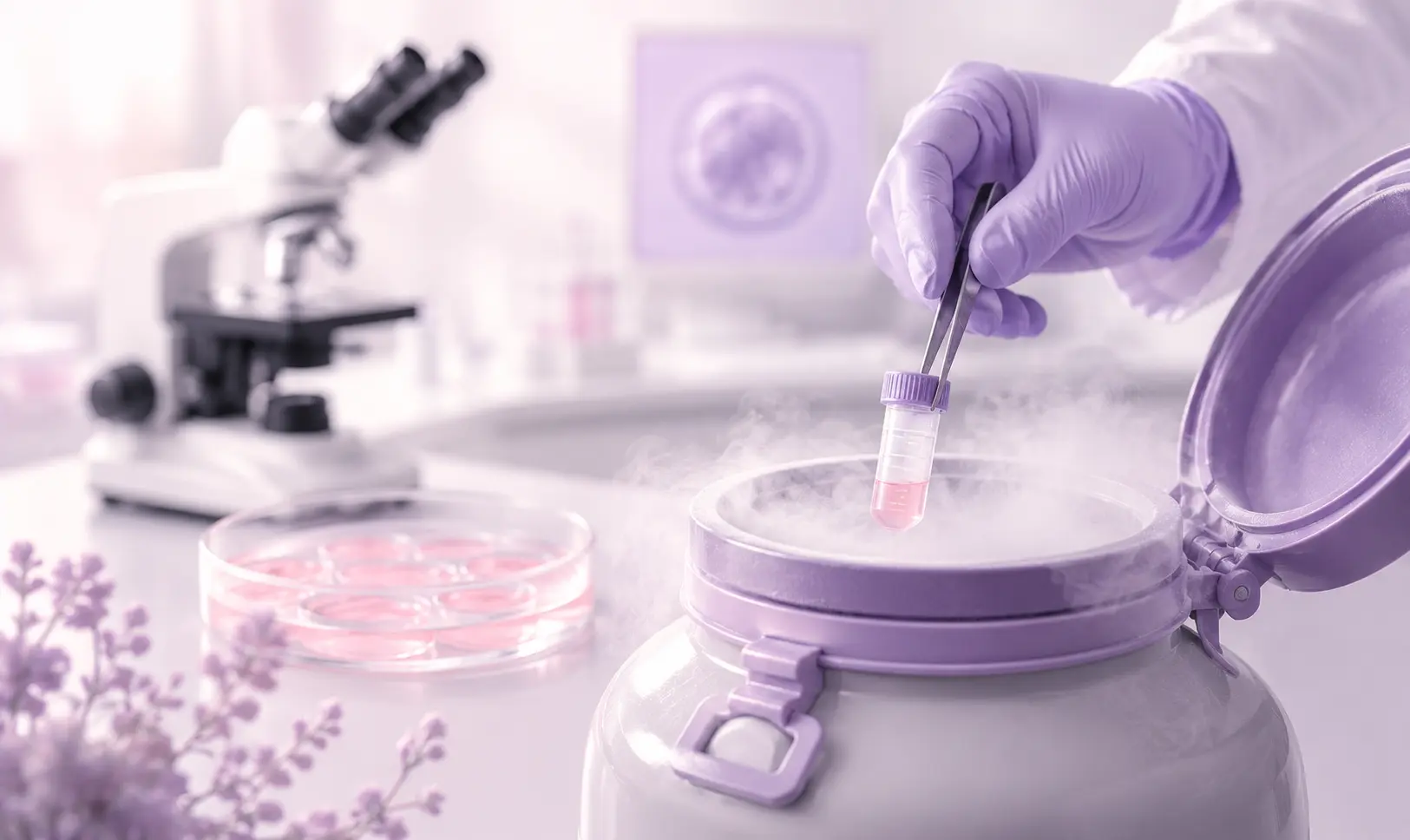 Embryo cryopreservation in an IVF laboratory using a cryogenic storage container