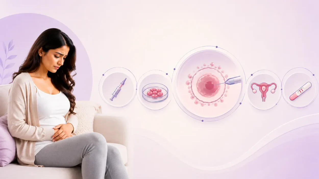 Woman experiencing IVF treatment discomfort with illustrations of injections, embryo development