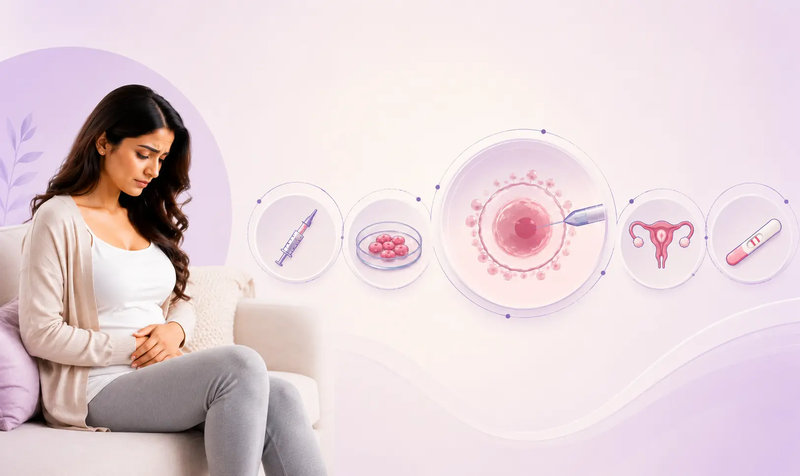 Woman experiencing IVF treatment discomfort with illustrations of injections, embryo development