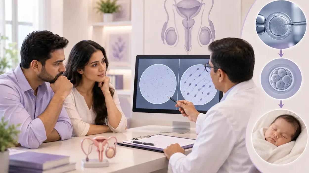 Fertility specialist explaining azoospermia and IVF treatment to a couple, with sperm analysis and ICSI illustrations.
