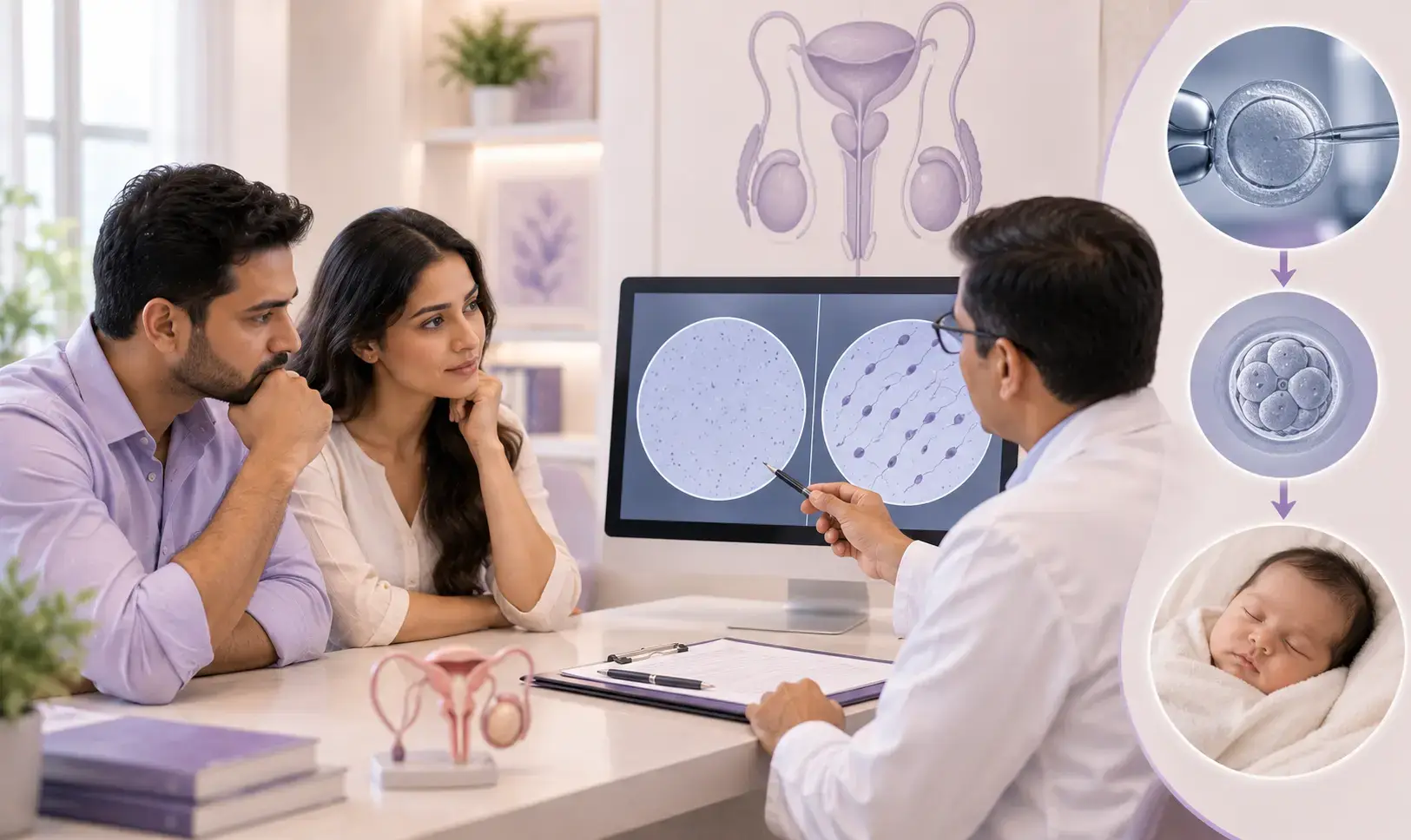 Fertility specialist explaining azoospermia and IVF treatment to a couple, with sperm analysis and ICSI illustrations.