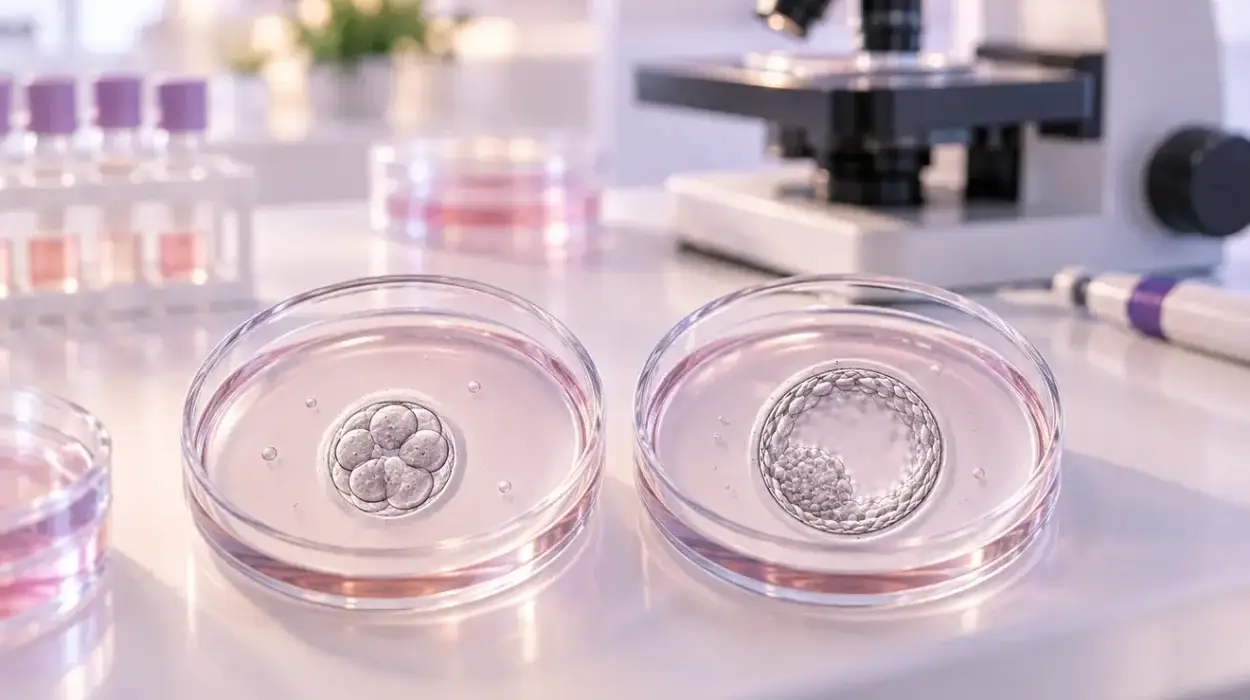 Day 3 and Day 5 IVF embryos shown in laboratory culture dishes, illustrating the difference between a cleavage-stage embryo and a blastocyst.