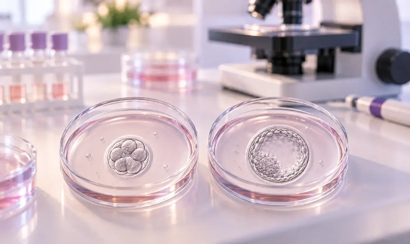 Day 3 and Day 5 IVF embryos shown in laboratory culture dishes, illustrating the difference between a cleavage-stage embryo and a blastocyst.