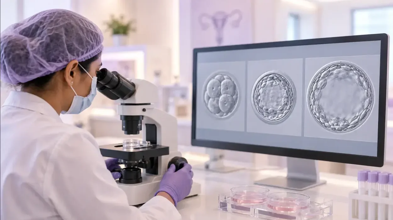 Embryologist examining IVF embryos under a microscope, with different stages of embryo development displayed on a laboratory monitor.