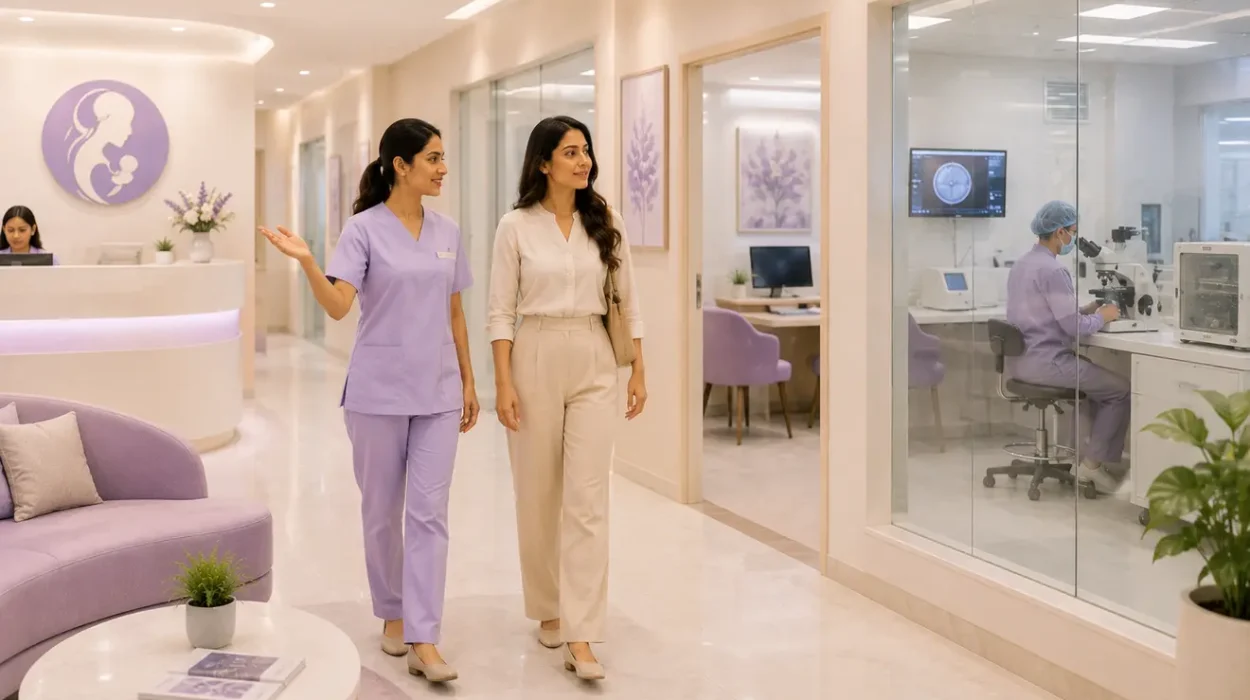 Fertility clinic staff member showing a patient around a modern fertility clinic