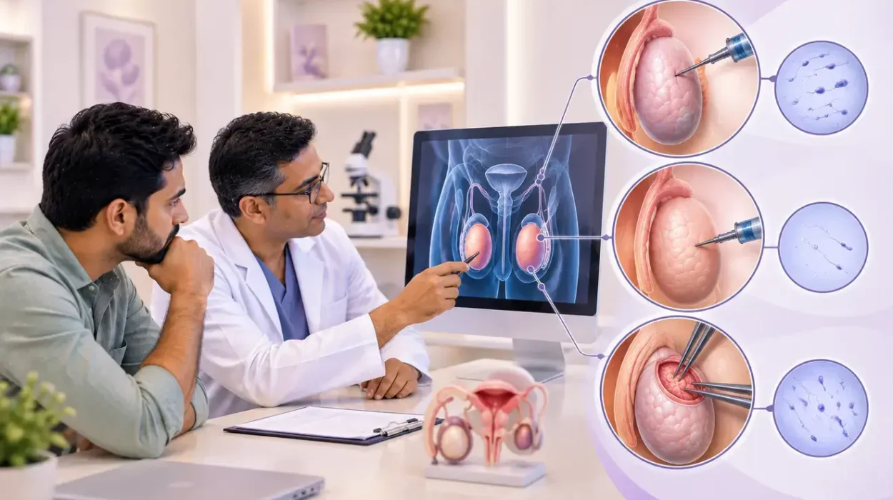 Doctor explaining PESA, TESA and Micro-TESE sperm retrieval procedures to a male infertility patient, with testicular and sperm illustrations.
