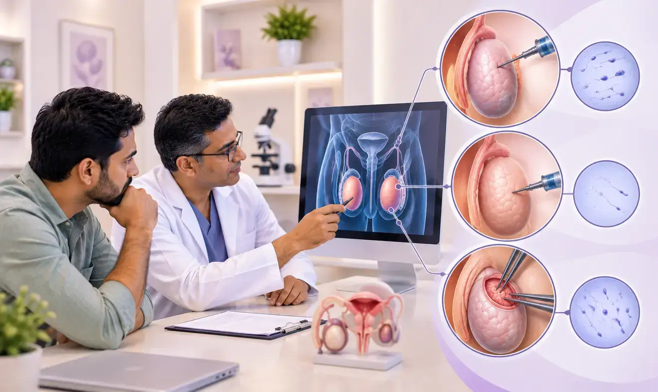 Doctor explaining PESA, TESA and Micro-TESE sperm retrieval procedures to a male infertility patient, with testicular and sperm illustrations.