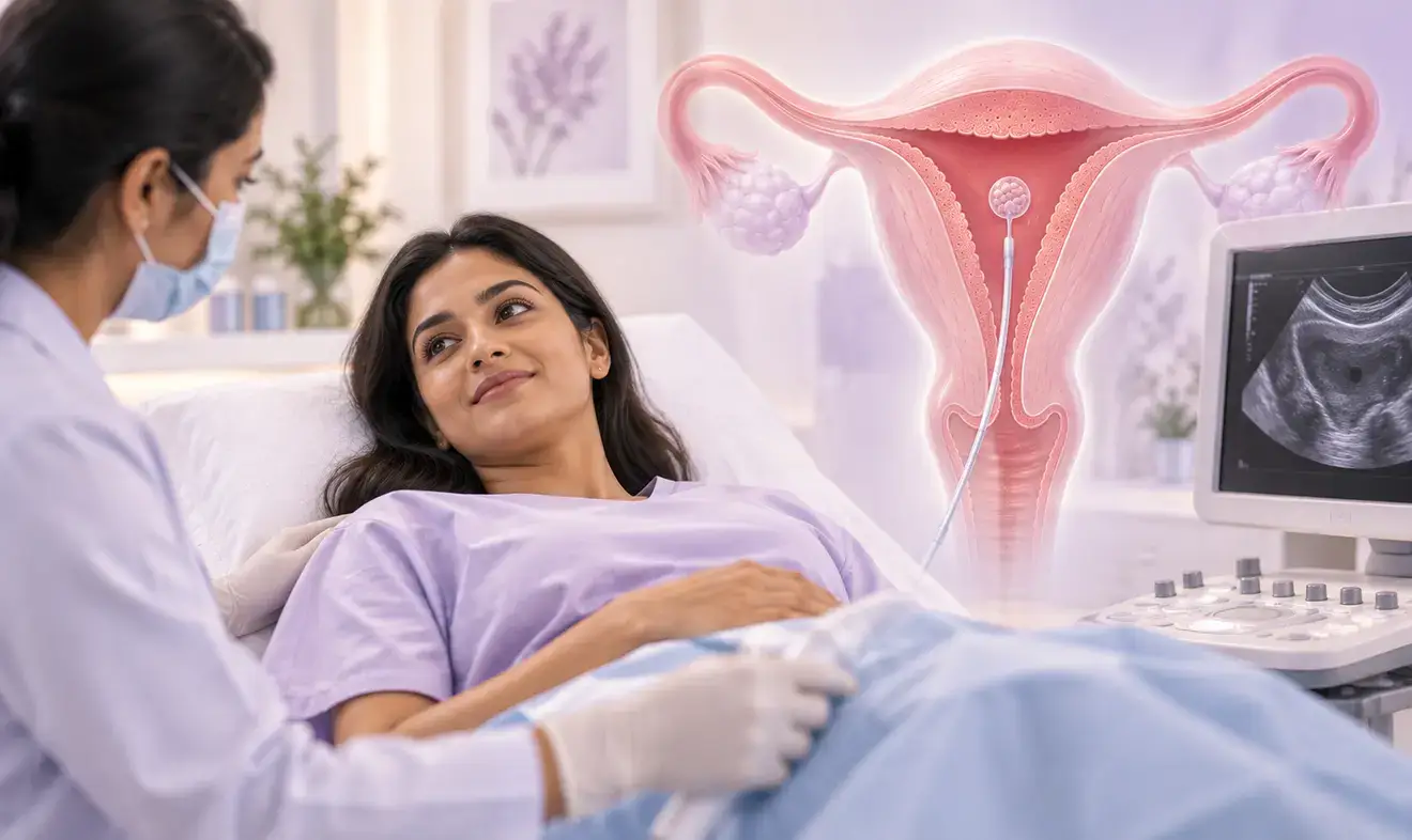 Fertility specialist performing an ultrasound-guided assessment of the uterine lining before embryo transfer in IVF.