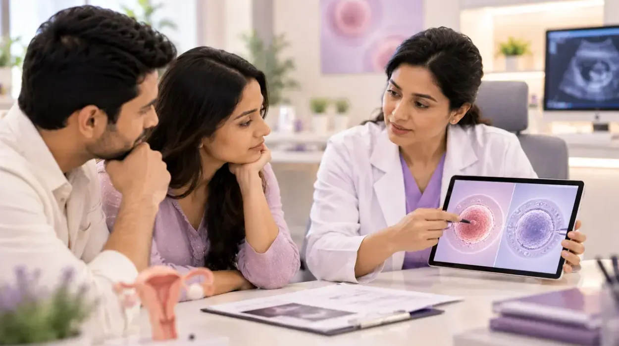 Fertility specialist explaining donor eggs versus own eggs during an IVF consultation with a couple.