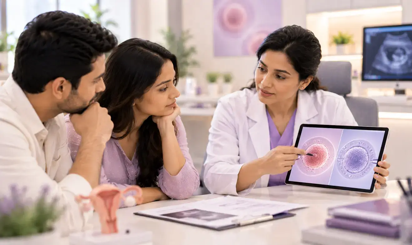 Fertility specialist explaining donor eggs versus own eggs during an IVF consultation with a couple.