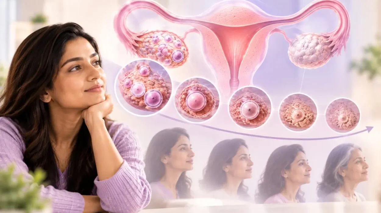 Woman reflecting on fertility and age, with an illustration showing ovarian follicles and egg development across different reproductive ages.