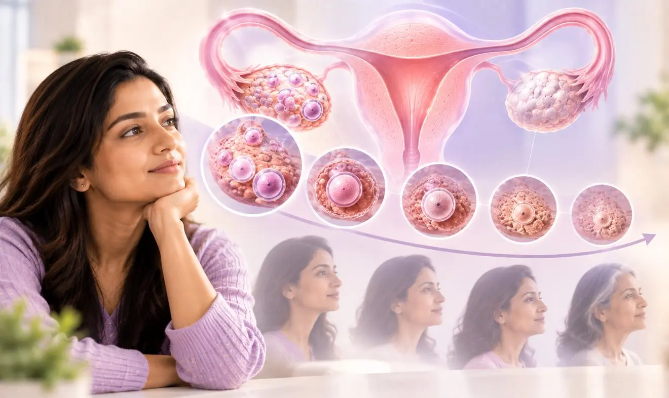 Woman reflecting on fertility and age, with an illustration showing ovarian follicles and egg development across different reproductive ages.