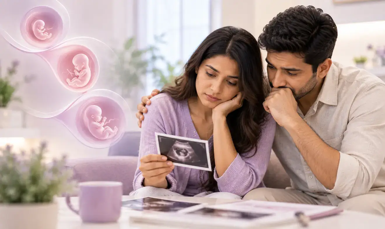 Couple coping with repeated miscarriages while reviewing ultrasound images, representing recurrent pregnancy loss and fertility evaluation.