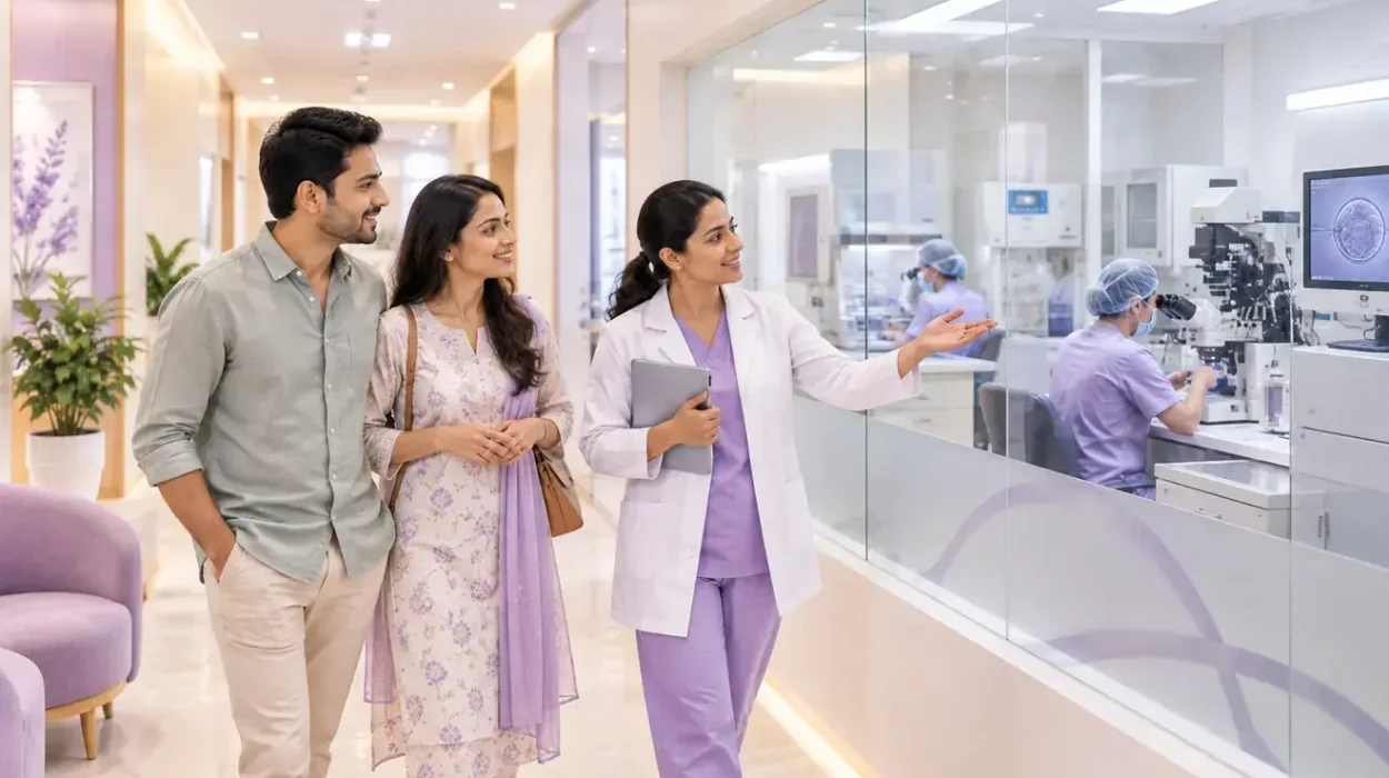 Couple touring an IVF clinic with a fertility specialist