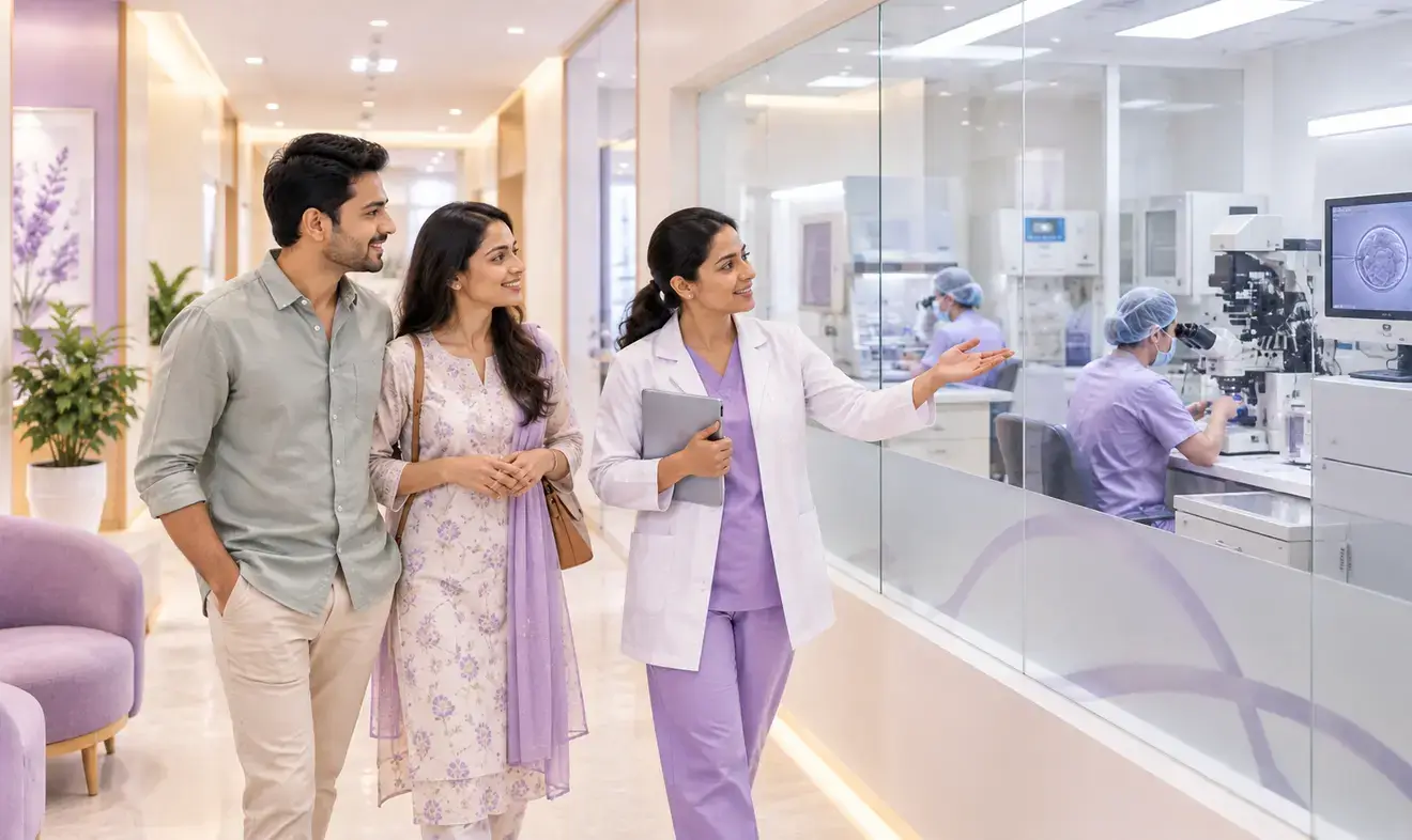 Couple touring an IVF clinic with a fertility specialist