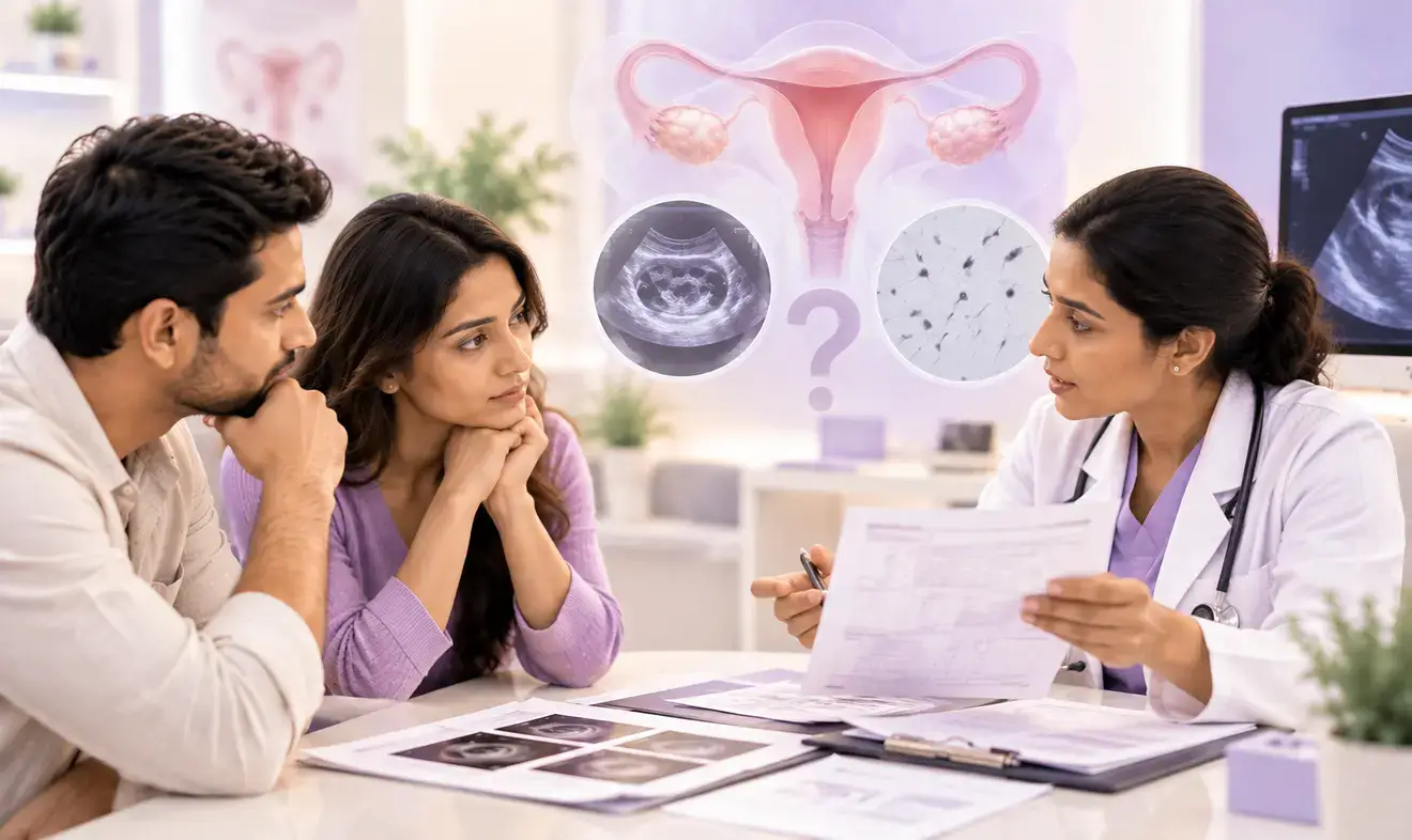 Couples discussing unexplained infertility with a fertility specialist, with uterus, ultrasound, and sperm illustrations in the background.