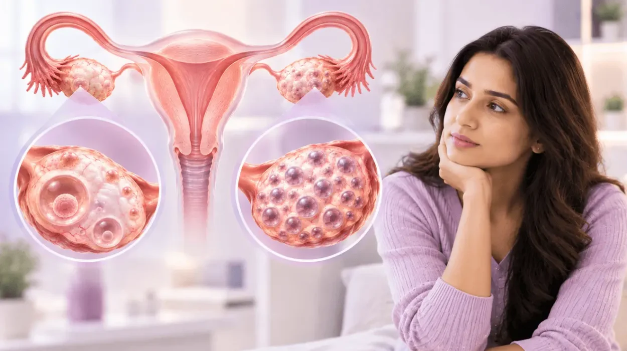Medical illustration comparing PCOD and PCOS, showing polycystic ovaries alongside a woman considering fertility concerns.