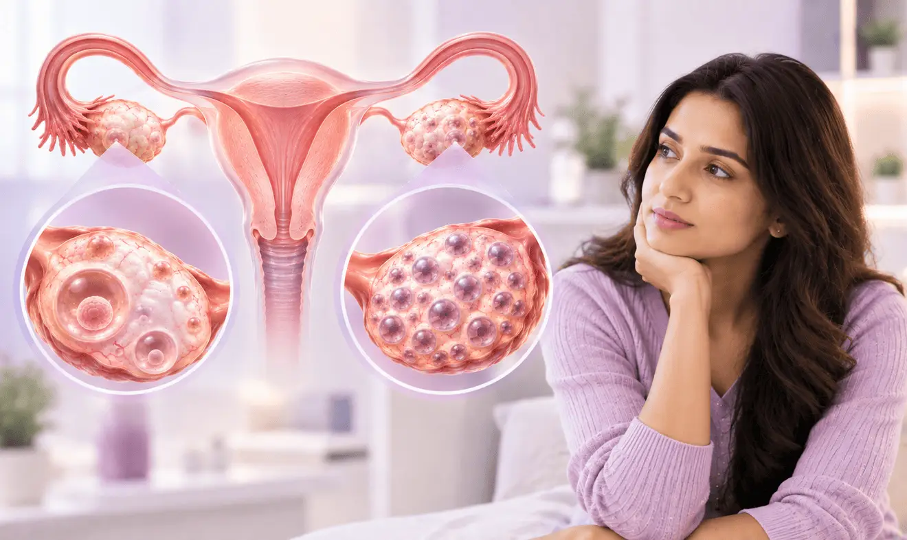 Medical illustration comparing PCOD and PCOS, showing polycystic ovaries alongside a woman considering fertility concerns.
